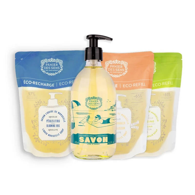 Savon liquide de Marseille Olive Édition limitée 25 ans + 3 recharges - Fleur d'Oranger, Verveine et Pétales d'iris