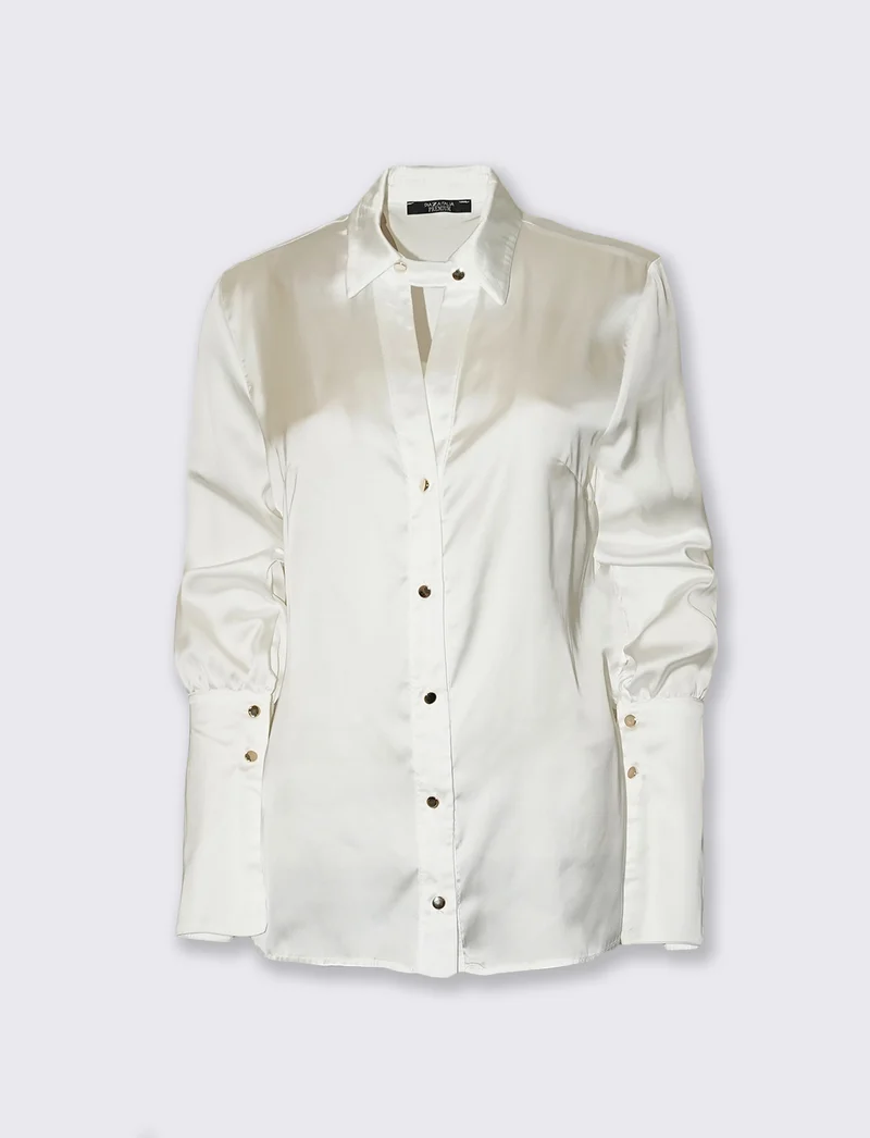 Camicia in raso a manica lunga con abbottonatura sul colletto - Bianco