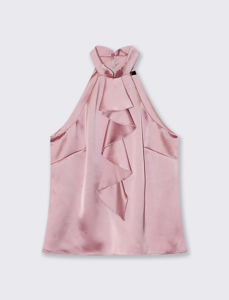 Top in raso con scollo americano e rouche frontale - Rosa antico