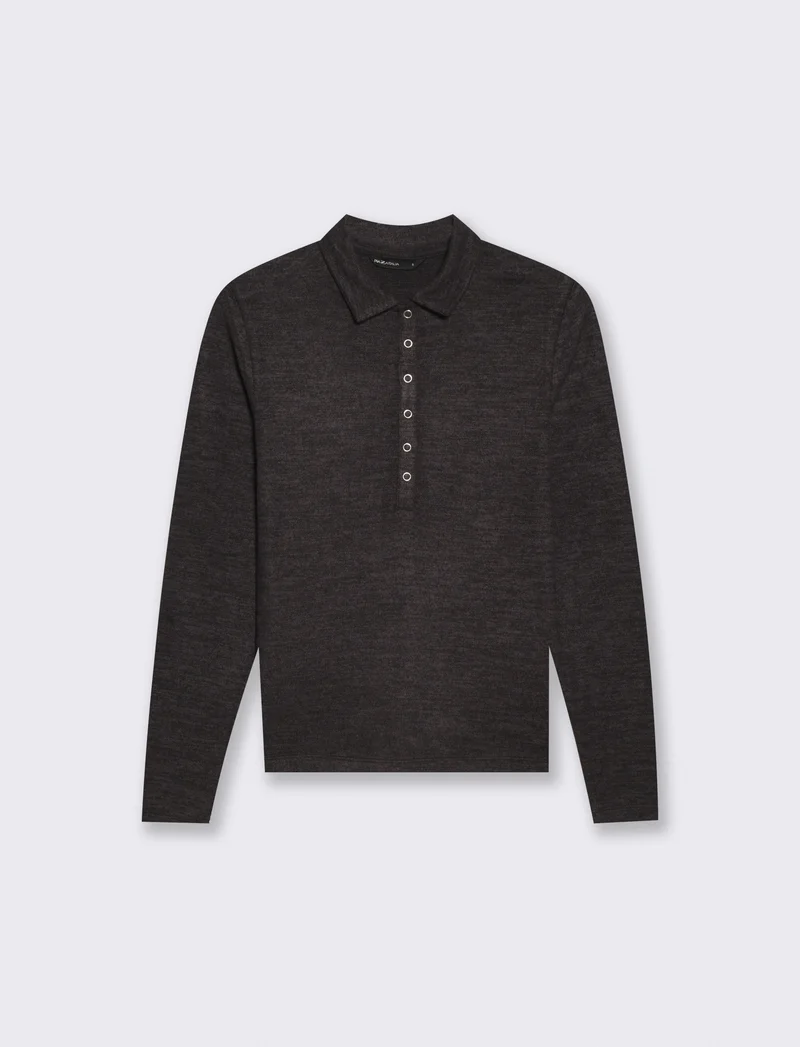 T-shirt polo manica lunga con colletto - Antracite melange