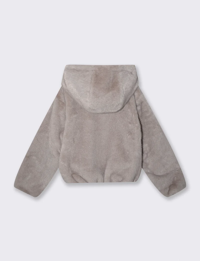 Bomber ecopelliccia con cappuccio e zip - Beige