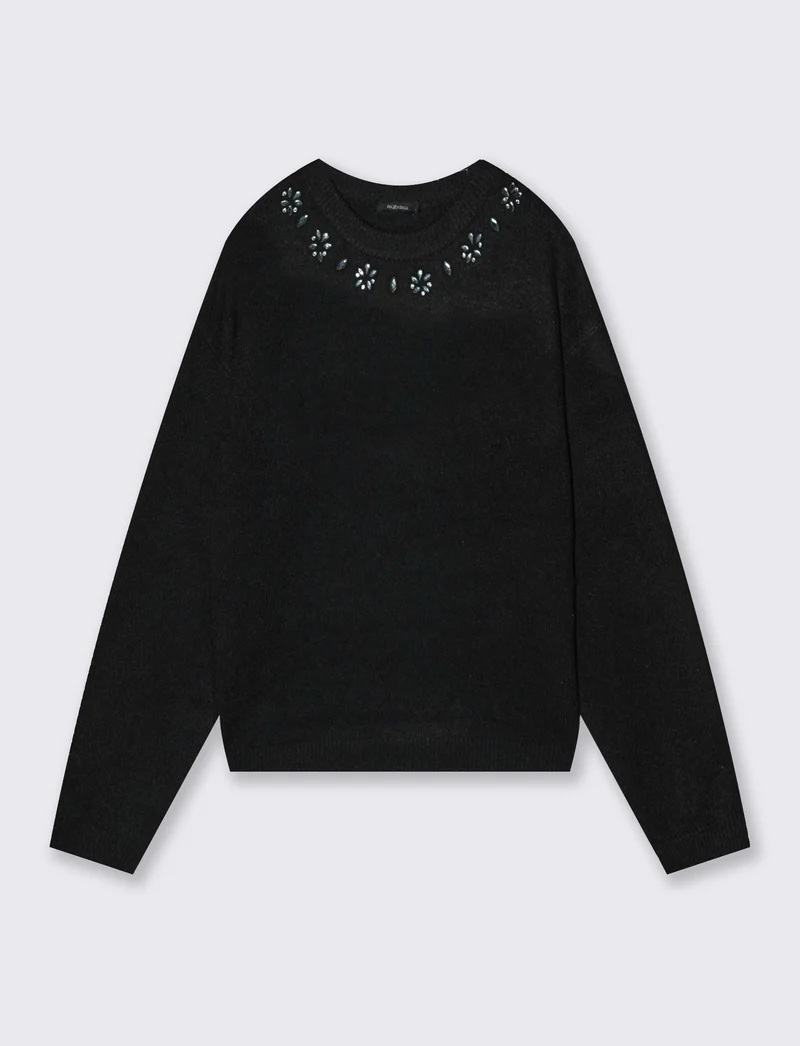 Pullover girocollo con applicazioni - Nero