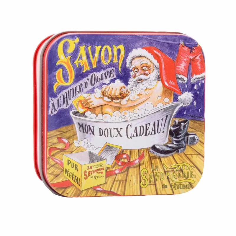 La Savonnerie de Nyons NATALE Scatola di metallo "Babbo Natale nella vasca da bagno" e sapone 100 g