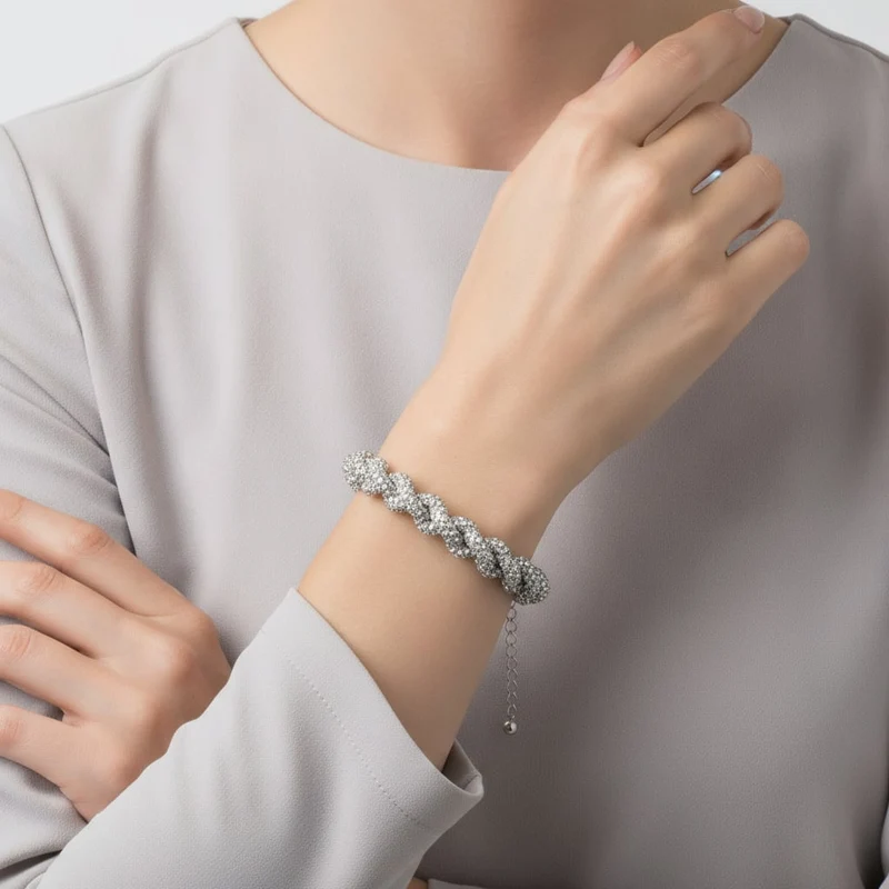 Bracciale tubolare con strass intrecciati - Trasparente