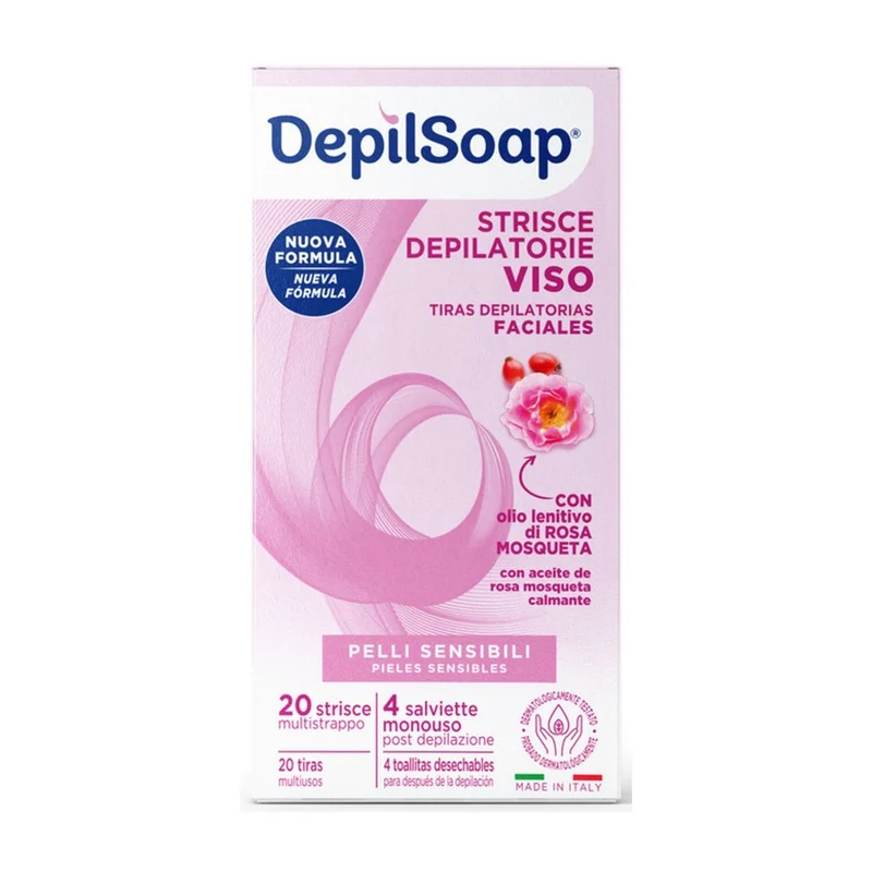 Depilsoap Strisce Depilatorie Viso 20 Strisce 4 Salviette Post Depilazione Pelli Sensibili 1 unità — Strisce depilatorie