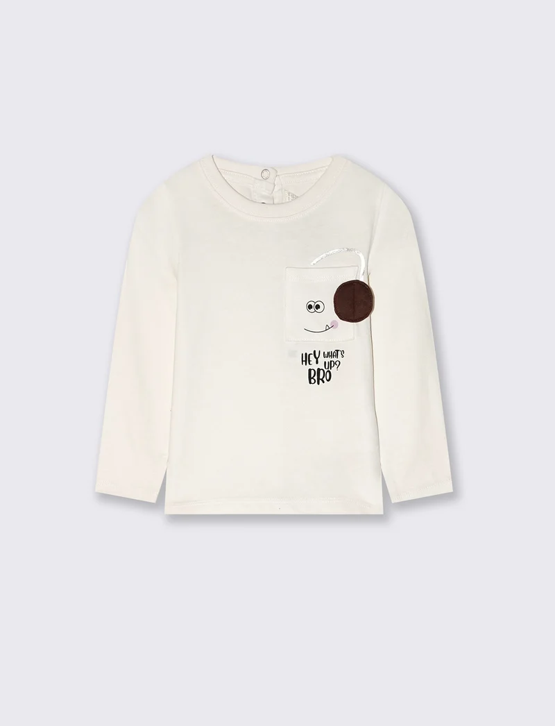 T-shirt girocollo con taschino e applicazione - Bianco latte