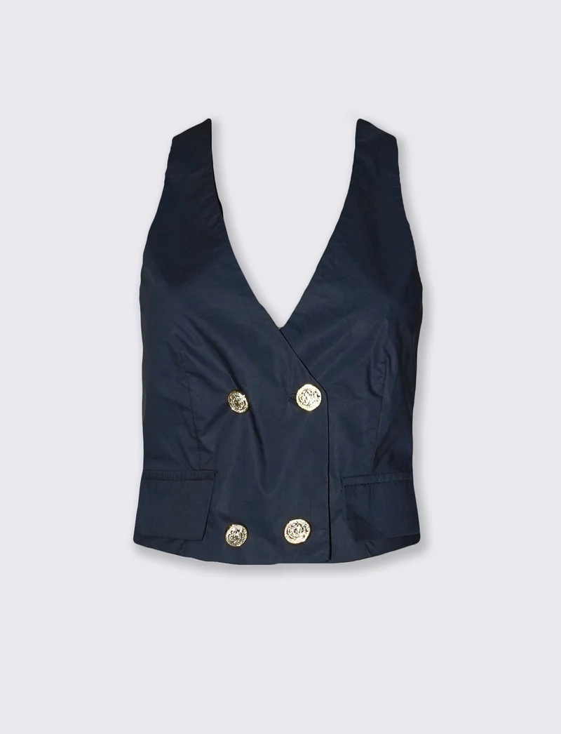 Top crop donna con tasche e bottoni - Blu