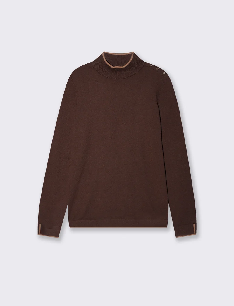 Pullover collo alto con contrasto e bottoni - Moro