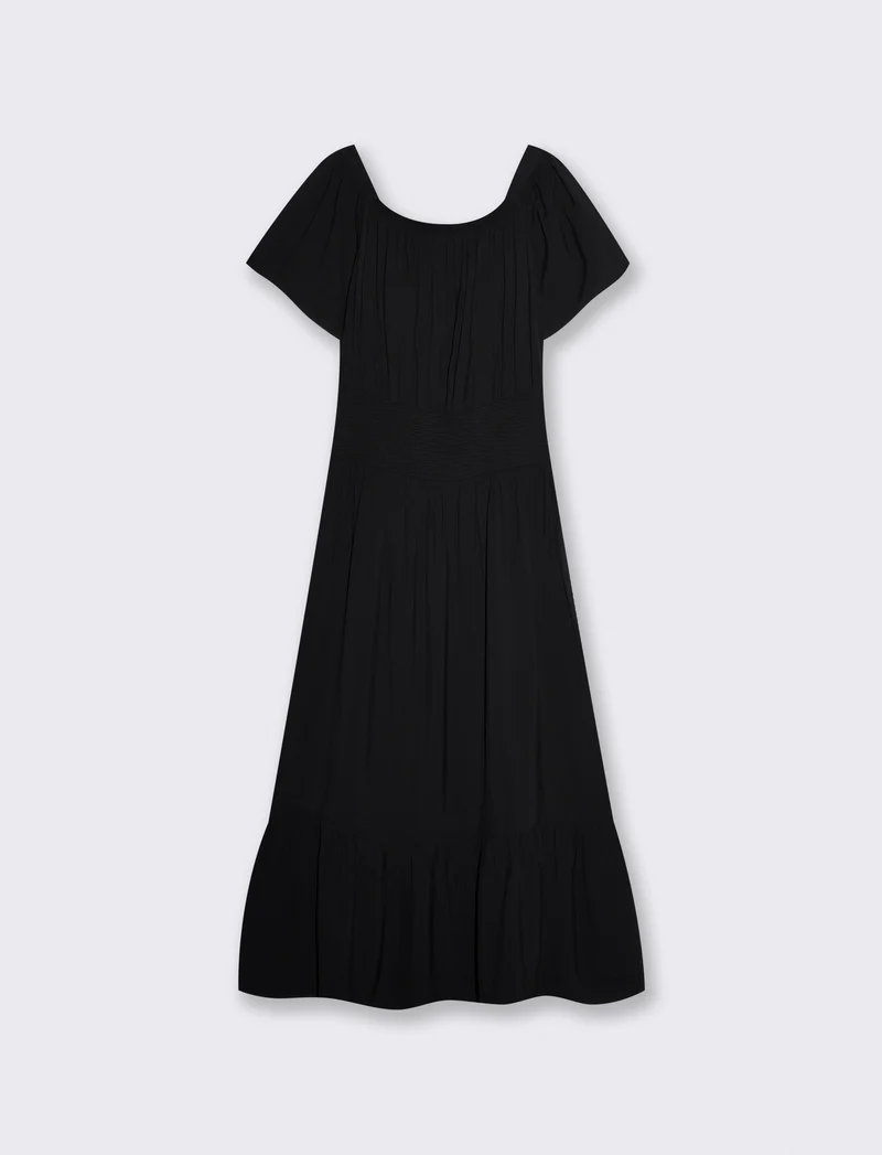 Vestito lungo off shoulder con arricciature - Nero