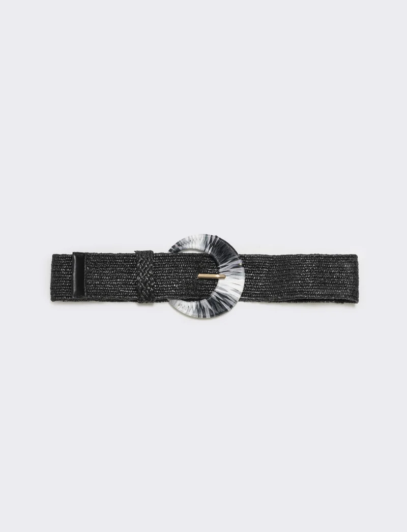 Cintura elastica con fibbia in paglia - Nero