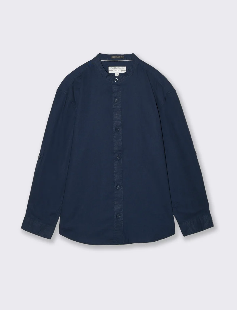 Camicia manica lunga con collo coreano - Blu