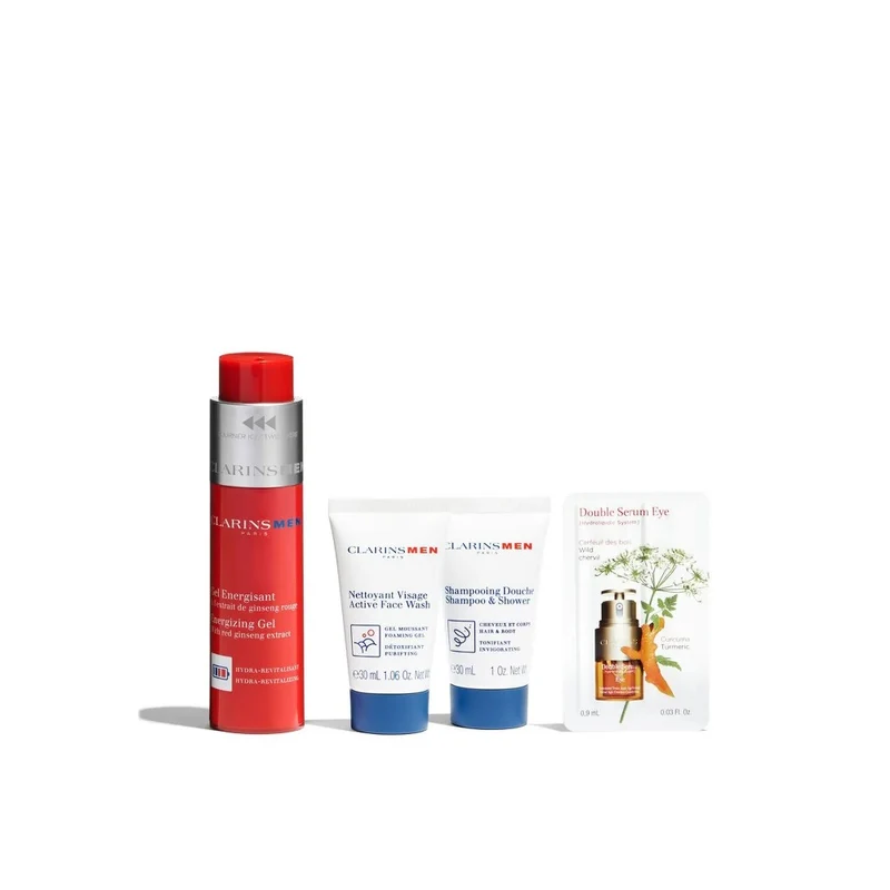 Clarins Men Gel energizzante 50 ml Shampoo 30 ml Detergente 30 ml — Set uomo
